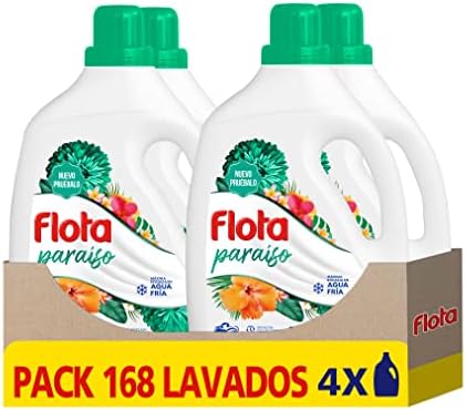 FLOTA | Detergente Líquido Quitamanchas incluso en Agua Fría para Lavadora | Ropa Blanca y de Color | Fragancia Paraíso | Pack de 4 x 42 Lavados = 168 Lavados