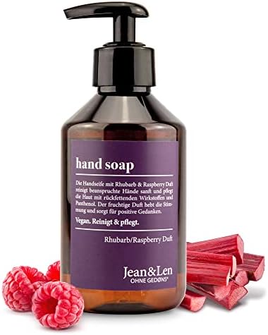 Jean & Len Jabón de Manos Alchimiste Ruibarbo y Frambuesa, jabón líquido en dosificador para unas manos limpias y cuidadas, fragancia afrutada, sin parabenos ni siliconas, vegano, 250 ml